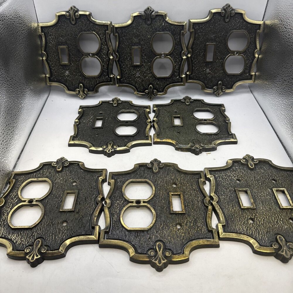 8 VTG Ornate Double Switch plug in Plate brass gold tone Regency Metal Plates